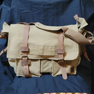 S.C. COTTON Tough Canvas Messenger Shoulder Bag Tan w/Brown Leather Accents